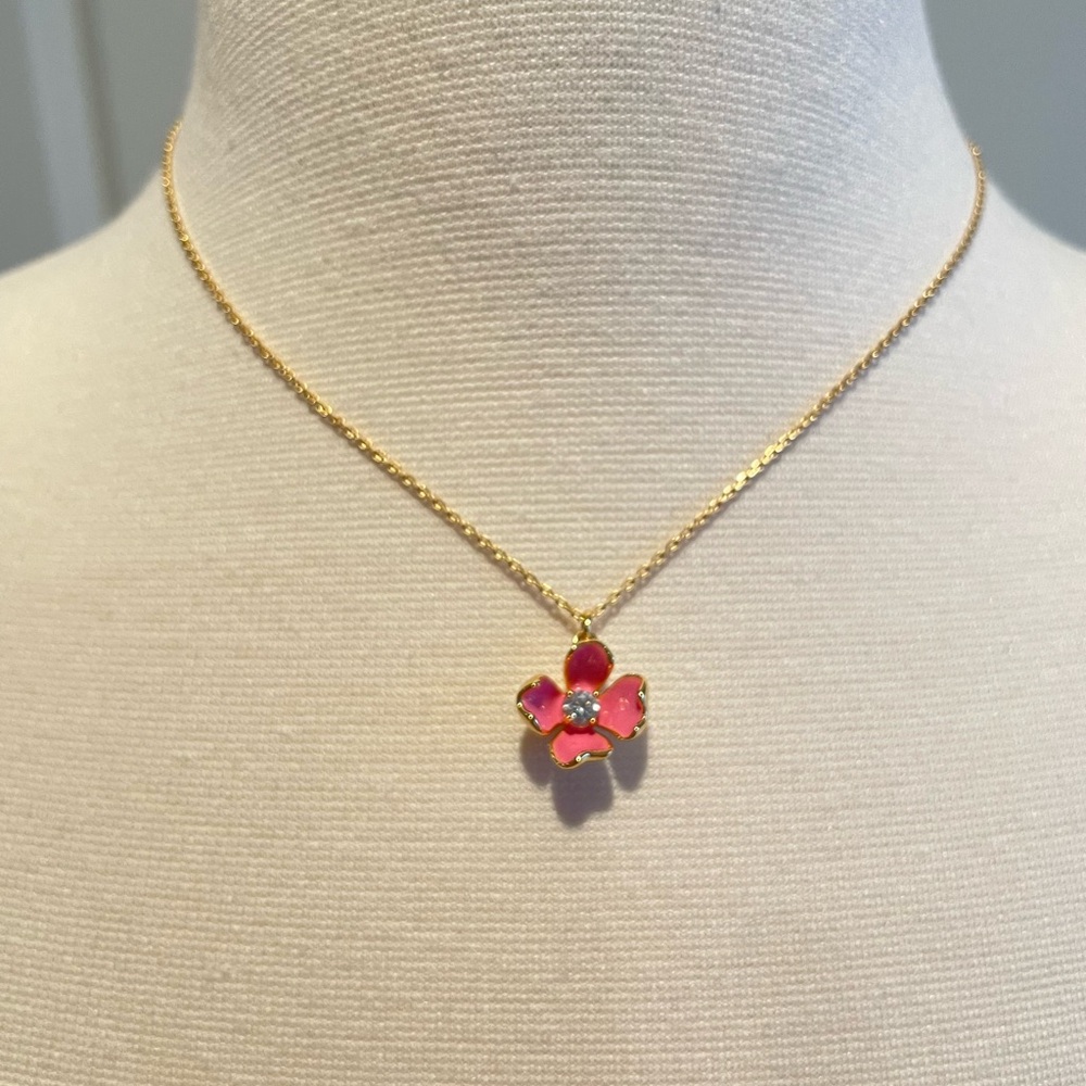 Kate Spade Gold Pink Flower Pendant Necklace Cubic Zirconia 4 Adjustable Length.
